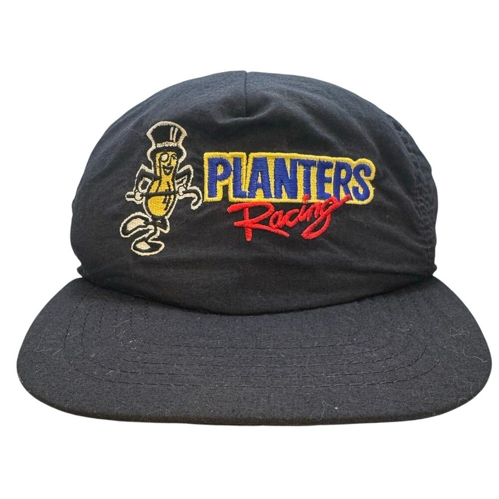Vintage 90s Planters Racing Mr Peanut Snapback Hat Black USA Made Promo